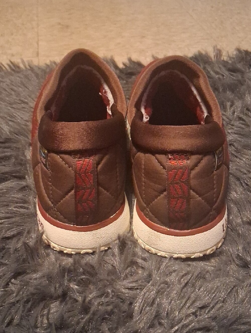 L.L. Bean Quilted Slip-On Shoes in Burgundy with Brown Trim - Picture 4 of 8